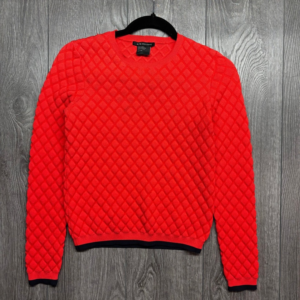 Armani Exchange Womens Red Quilted Diamond Knit Crewneck Sweater XS Black Trim